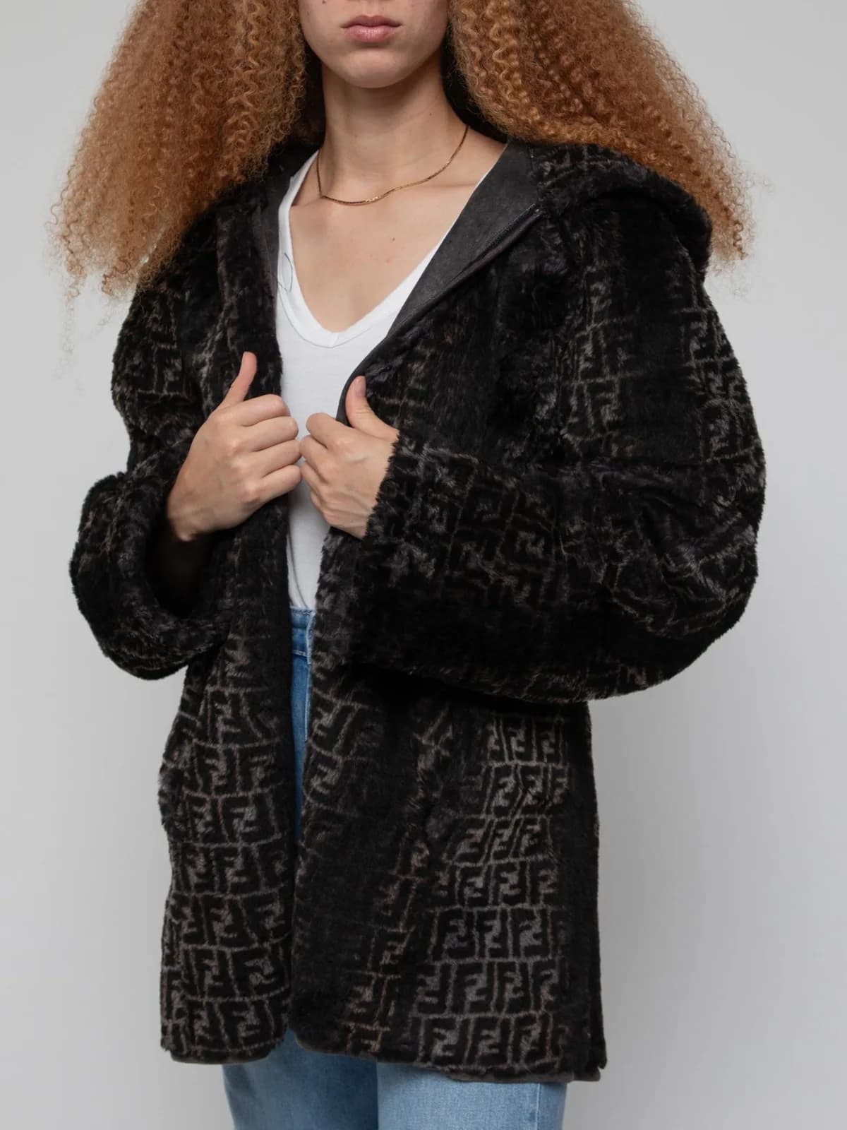 Late 90's open style oversized hooded coat in FF all over logo print - Image 1