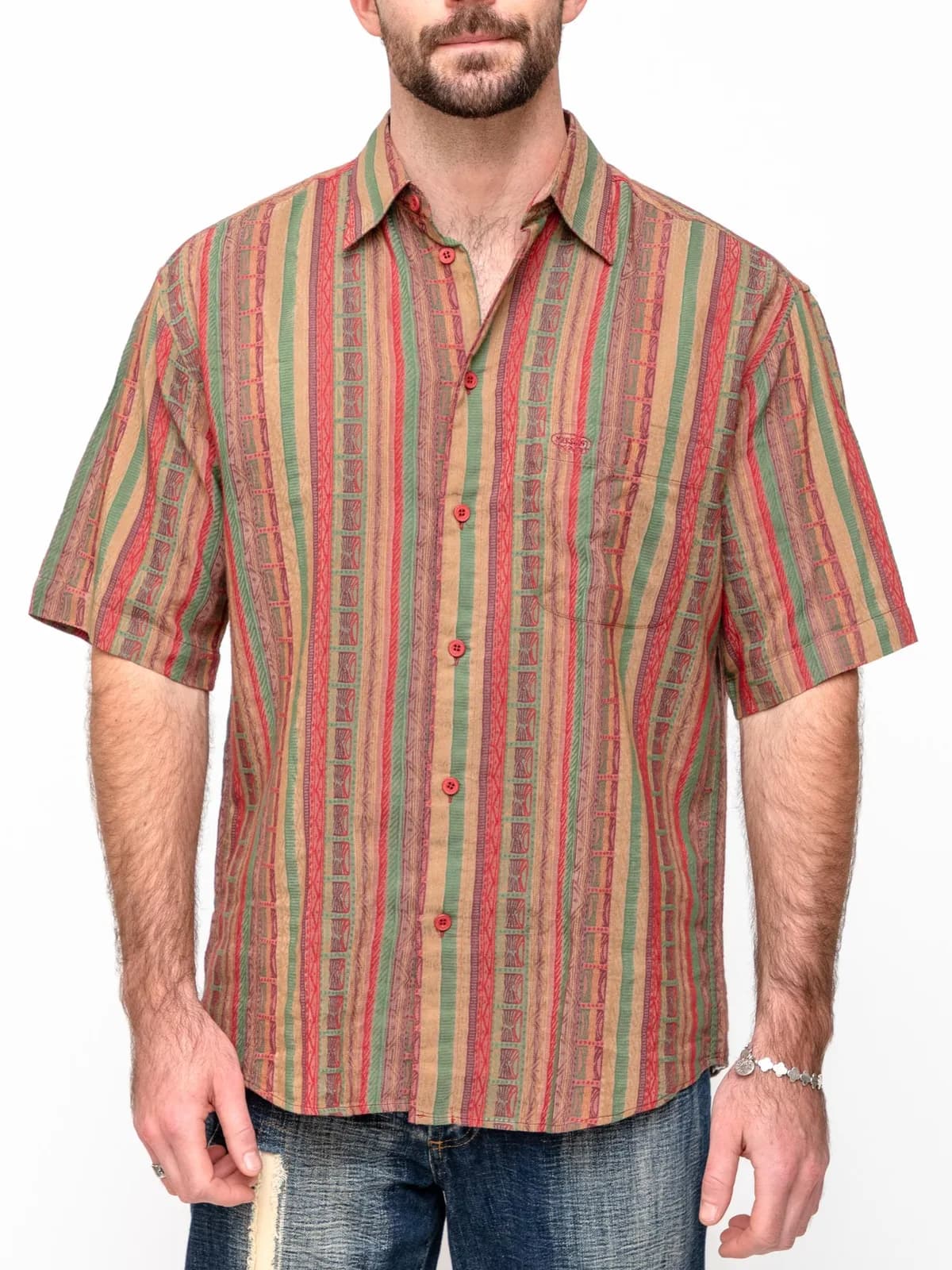 Mid 90's short sleeve button down shirt with geometric patterned vertical stripes - Image 1
