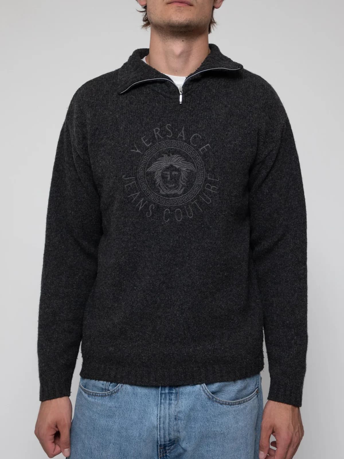 Mid 00's dark heather grey quarter zip sweater with large Versace Medusa logo on the front - Image 1