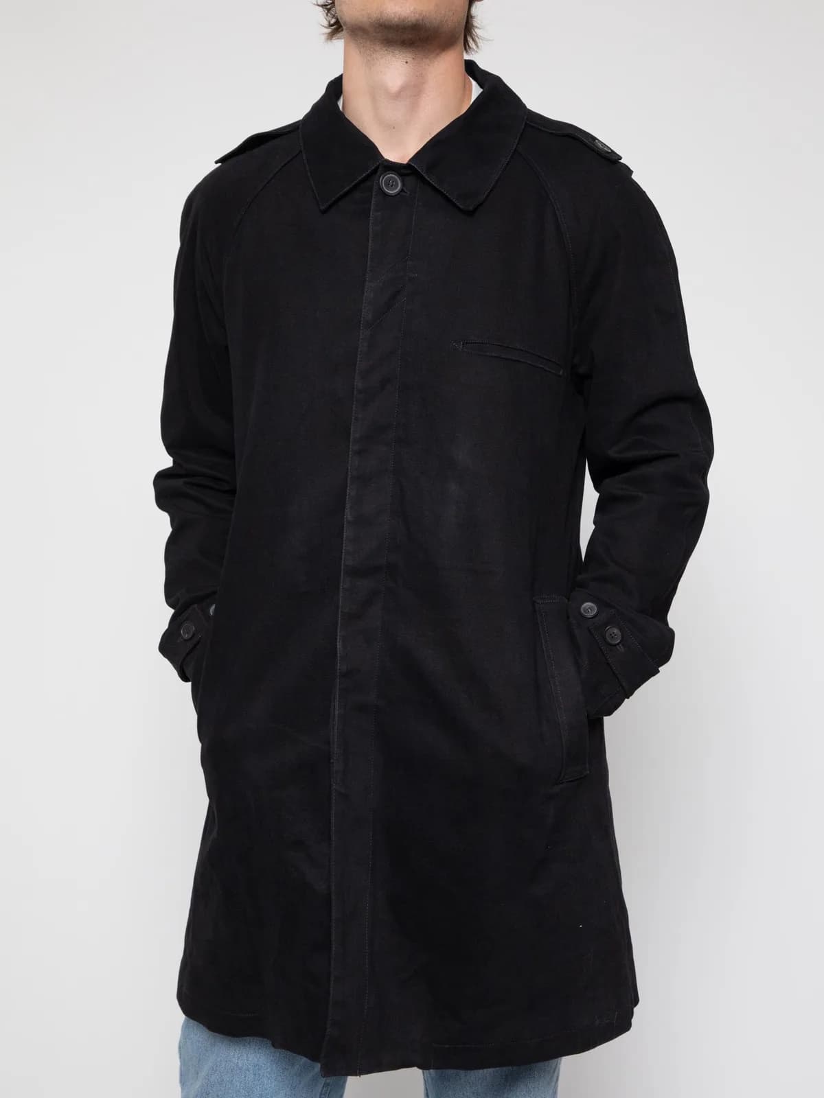 Mid 00's medium length car coat with epaulettes, button closure and side slant pockets - Image 1