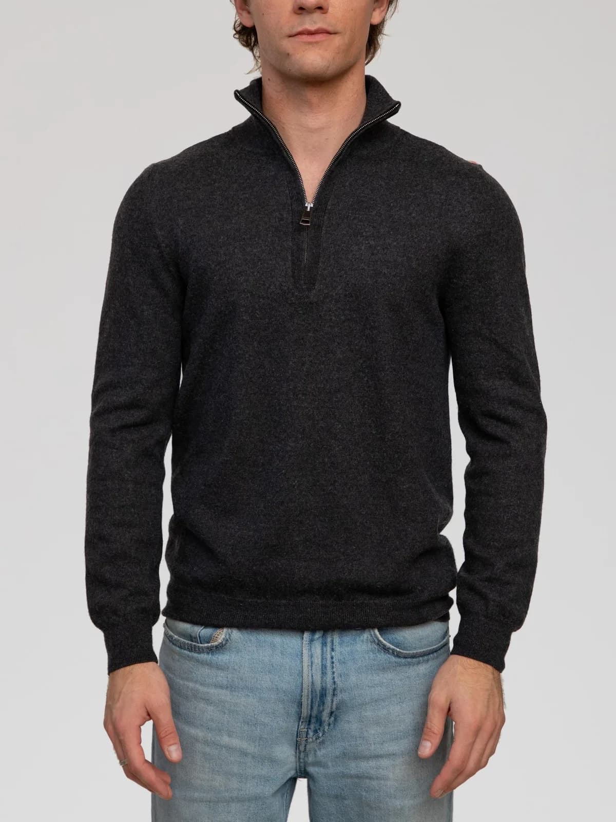 Burberry Brit half-zip sweater in charcoal grey knit wool. Designed with a high funnel neckline featuring a front zip closure, classic Nova Check trim details on the inner neck and shoulders, and ribbed cuffs and hem. - Image 1