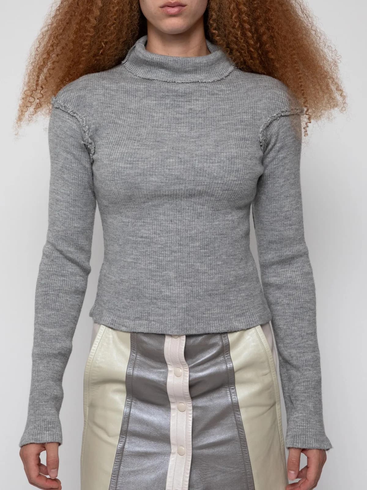 Early 00's grey ribbed mock neck sweater with raw edged shoulder seams - Image 1
