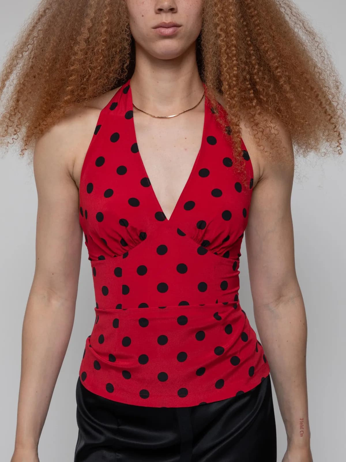 Early 90's halter neck red and black polka dot silk top - Image 1