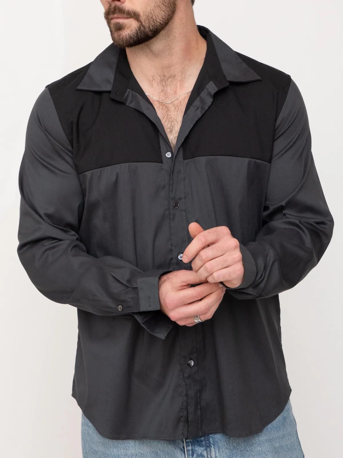 Late 90's grey button down shirt with darker colourblock chest placard - Image 1