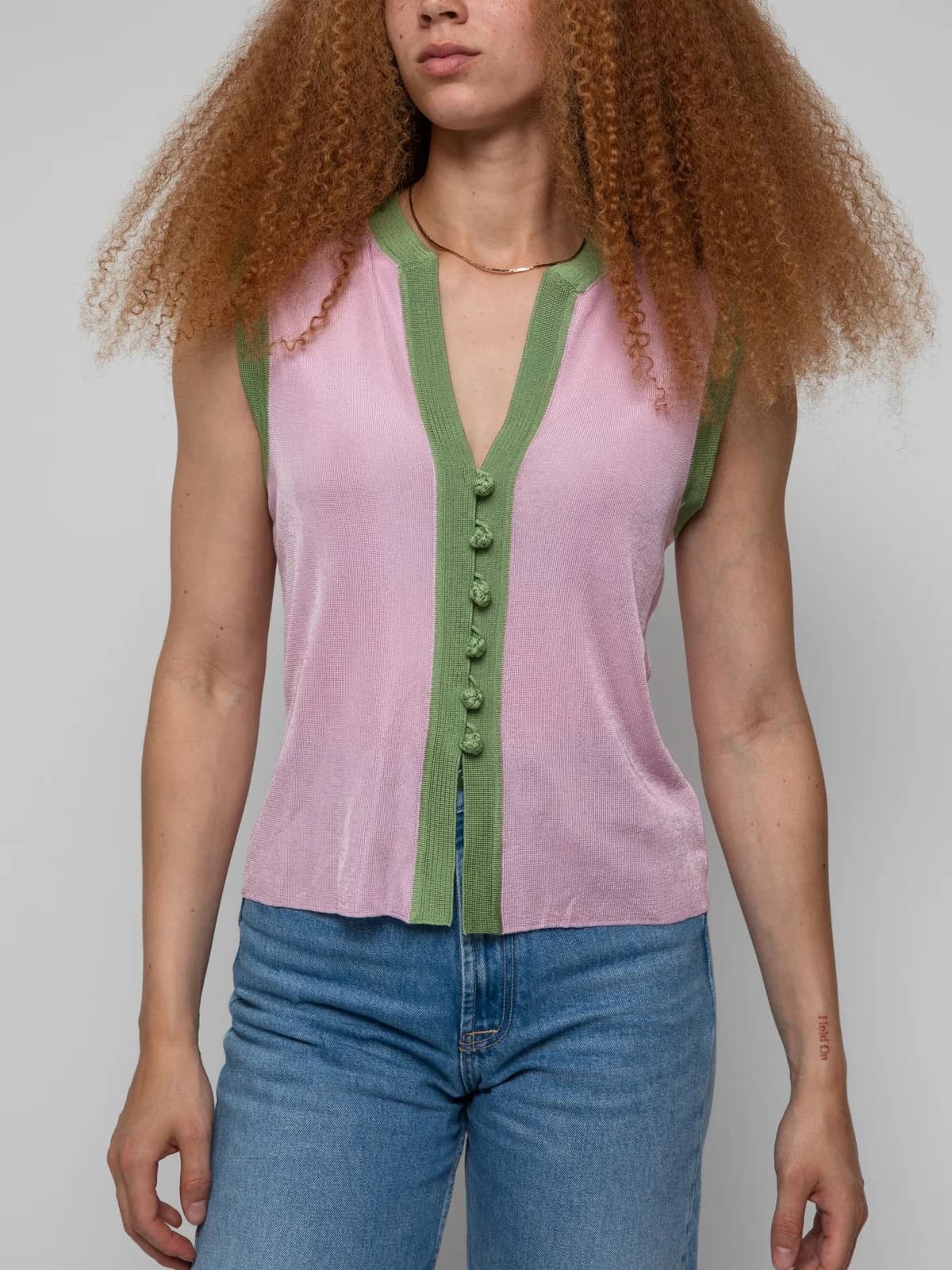 Mid 00's purple and green contrast trim semi sheer vest top with silk knot buttons - Image 1