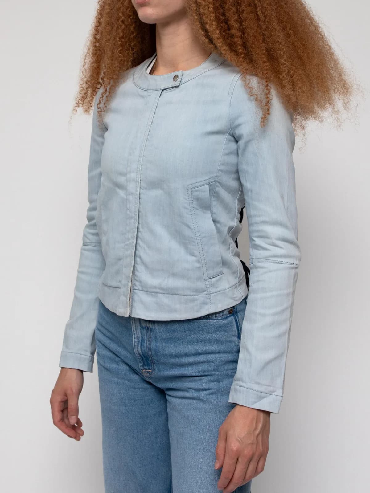 Late 00's sky blue cropped motorcycle style denim jacket with side corset style ties and side slit pockets - Image 1