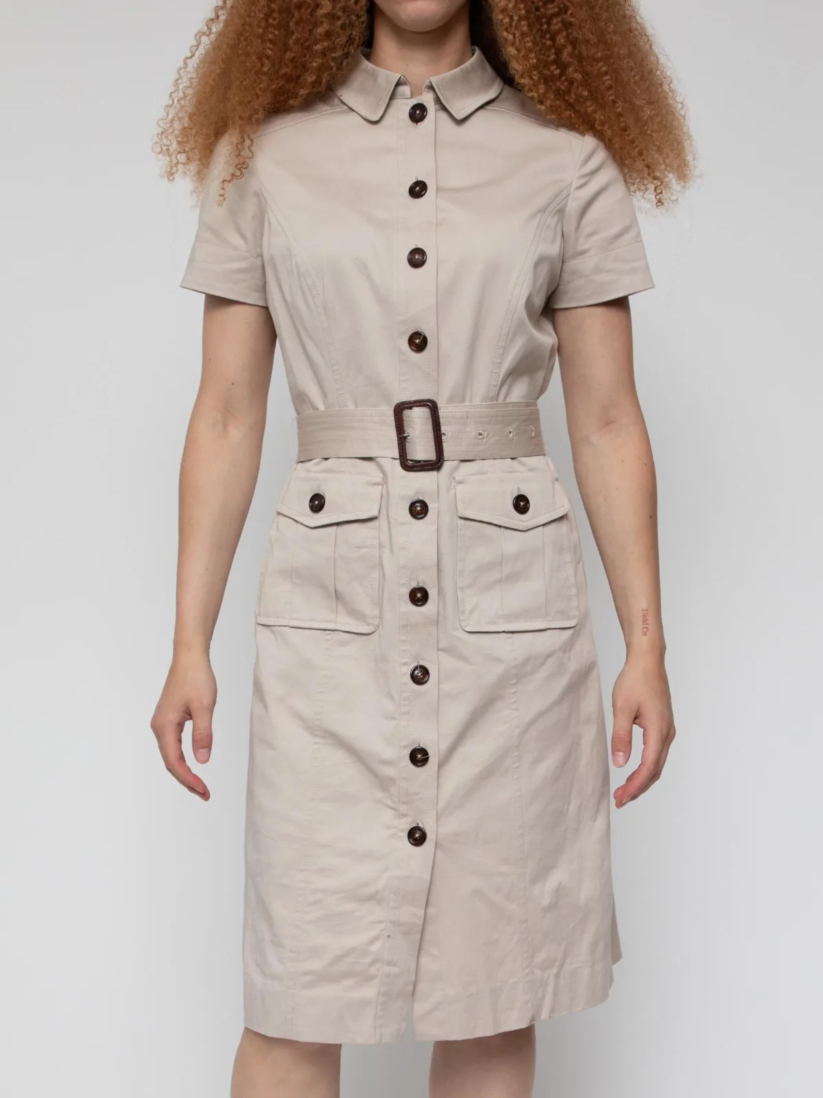 Early 00's cream knee length trench coat style dress with full button placard, collar, front flap pockets and belt - Image 1