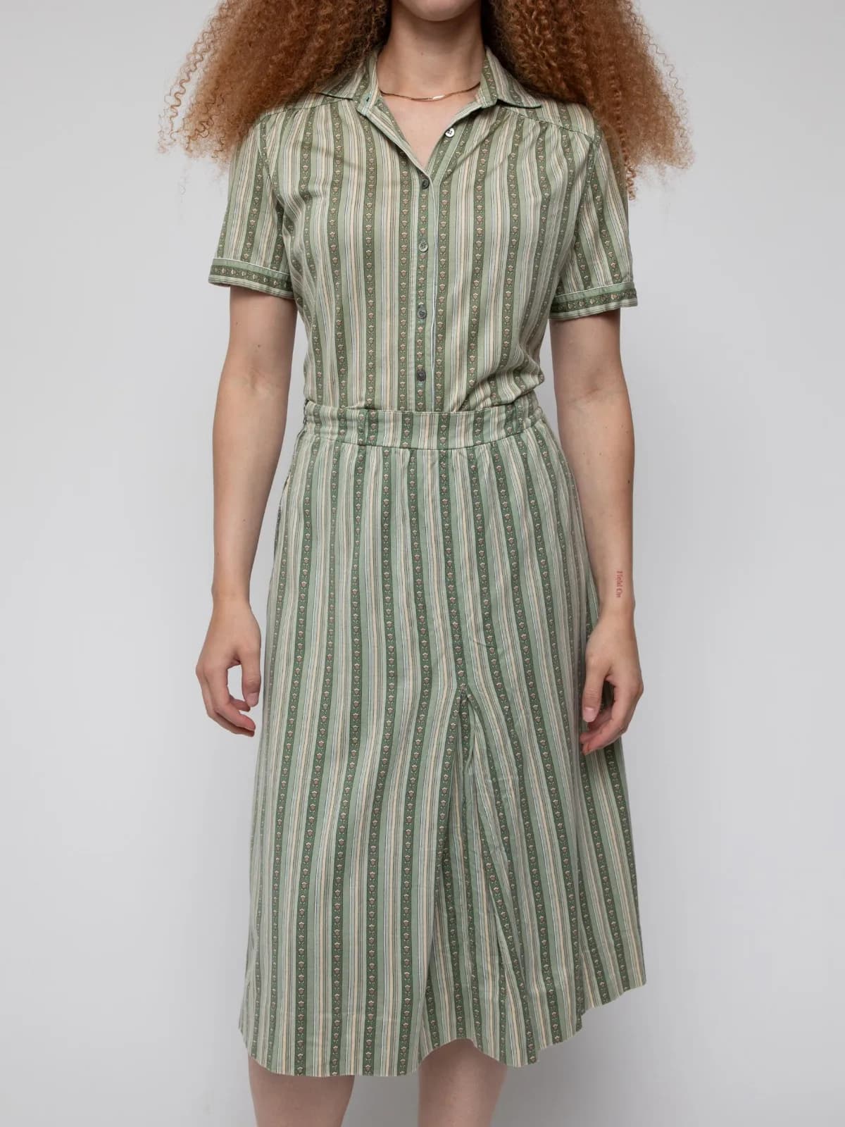 Late 90s green striped skirt and short sleeve button up set - featuring floral stripes, and midi skirt - Image 1