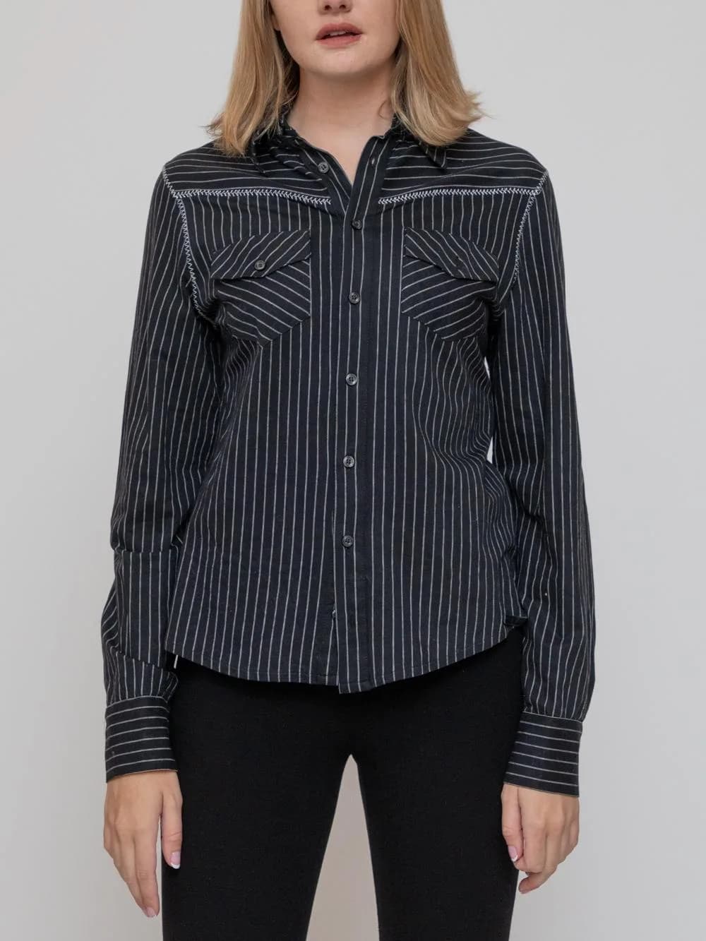 Mid 90's pinstripe button down shirt with chest patch pockets and stitching. - Image 1
