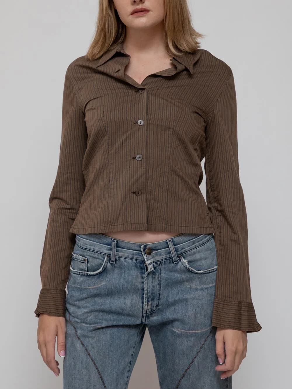 Late 90's green pinstripe low cut button down shirt with ruffle button placard and point collars. - Image 1