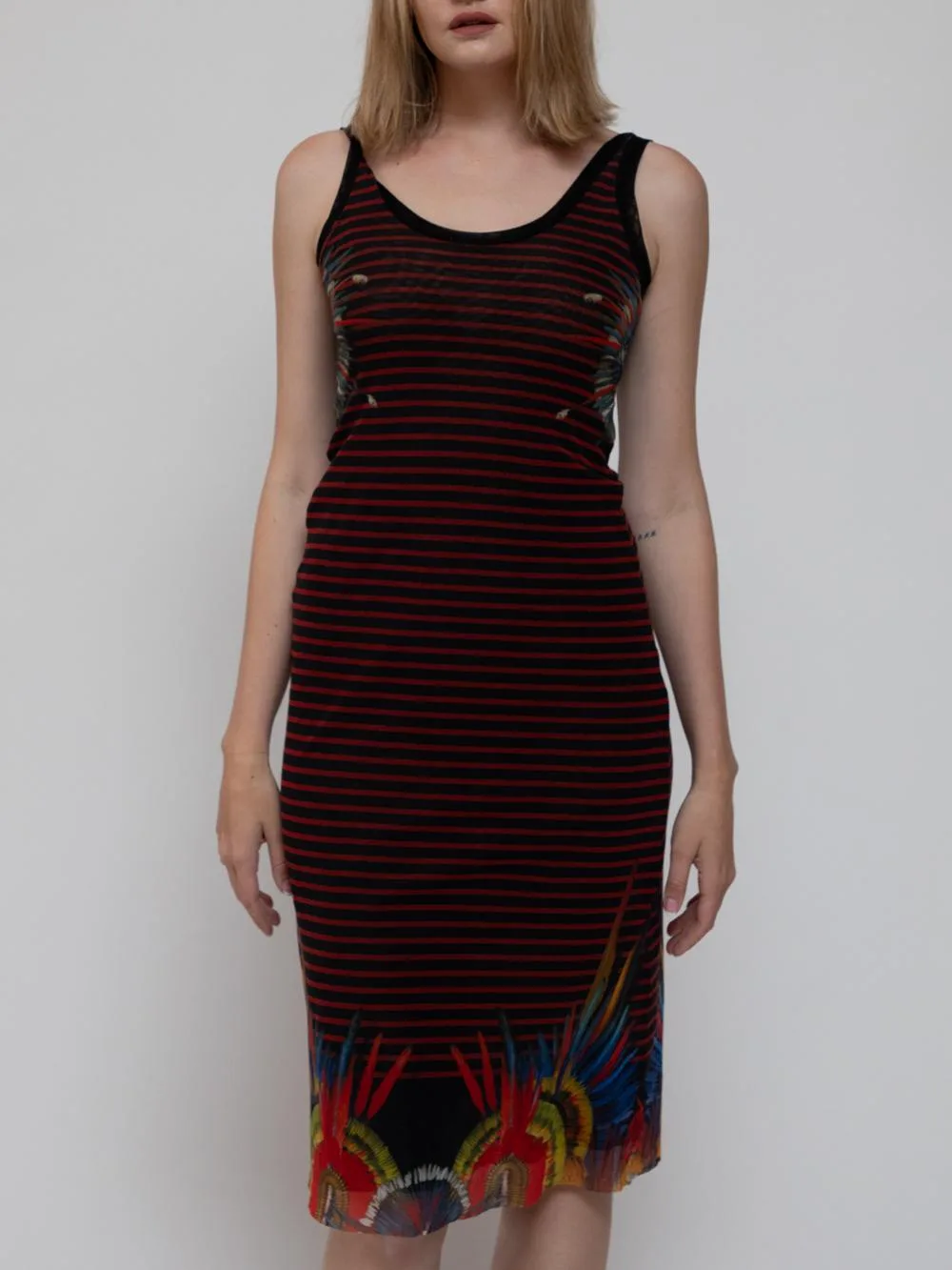 Mid 90's Red and black horizontal strip midi dress with tropical feather painted print at the hem and arm holes - Image 1