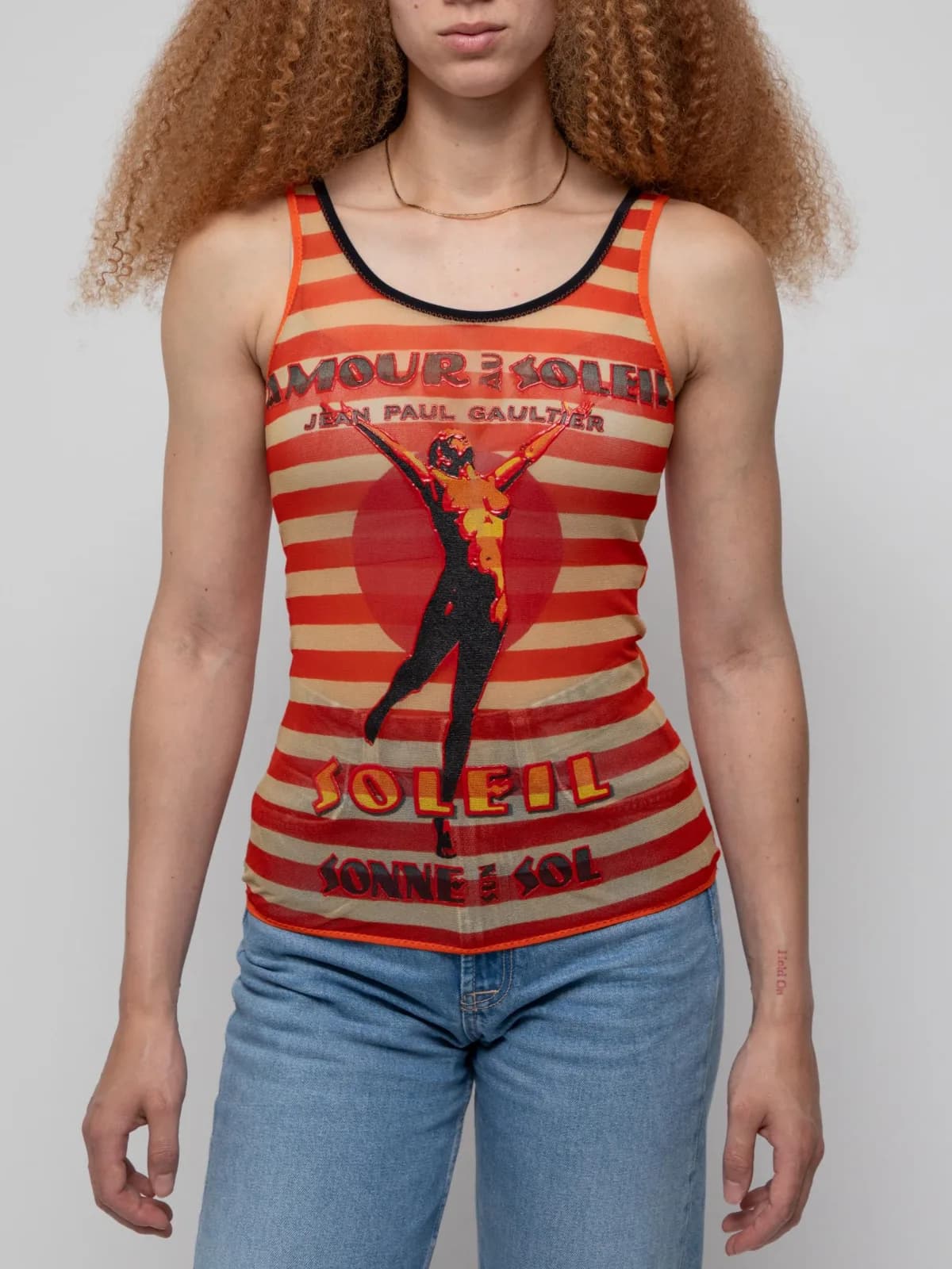Mid 90's red and offwhite horizontal striped tank top with screenprinted woman and Amour au Soleil on the front - Image 1