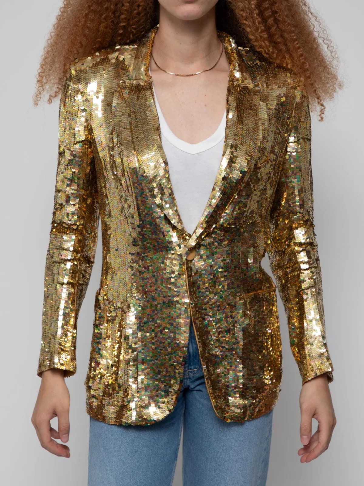 Late 80's 1 button blazer with peak lapel made of metallic gold sequins - Image 1