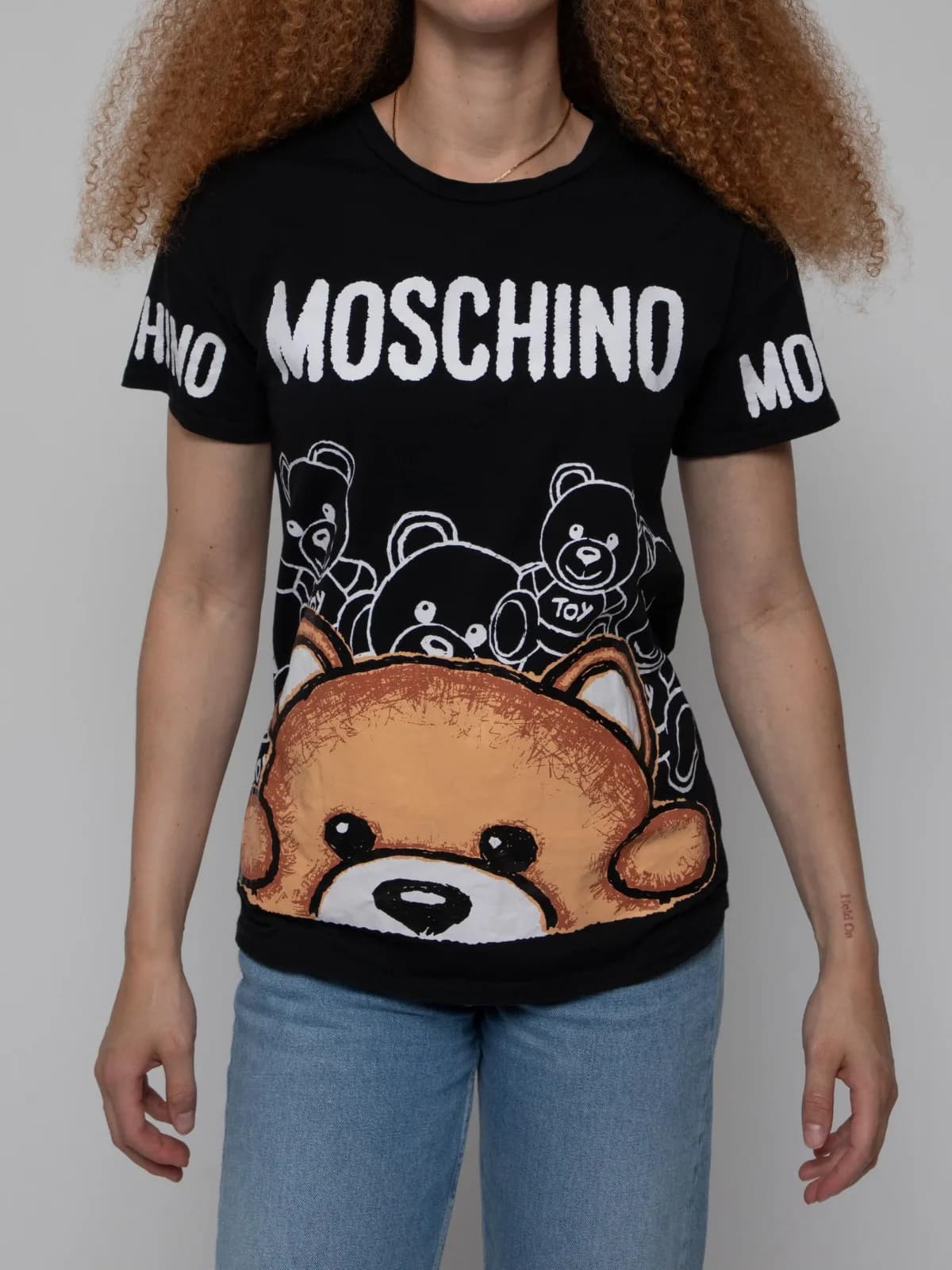 Late 00s Black crew neck short sleeve t-shirt with teddy bear graphics and brand name in large font - part of the couture collection - Image 1