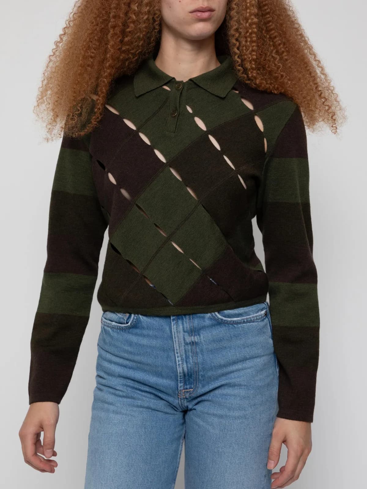 Mid 90's 1 button collar sweater in large green argyle pattern with line cut outs - Image 1