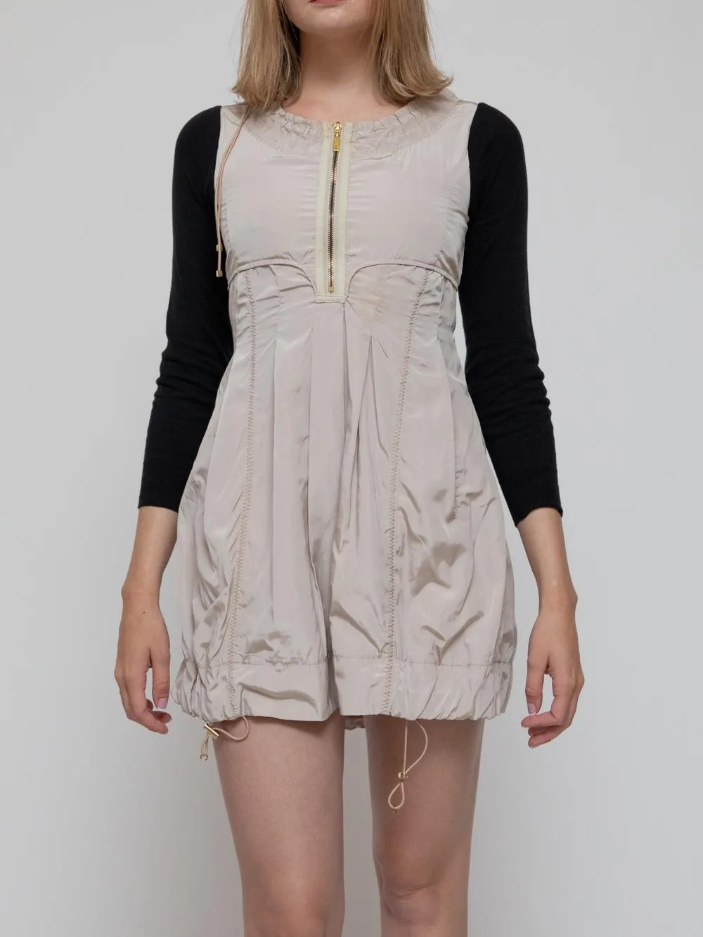 Early 00's technical mini dress with contrasting sleeves, drawstring hem and half zip in cream and black - Image 1