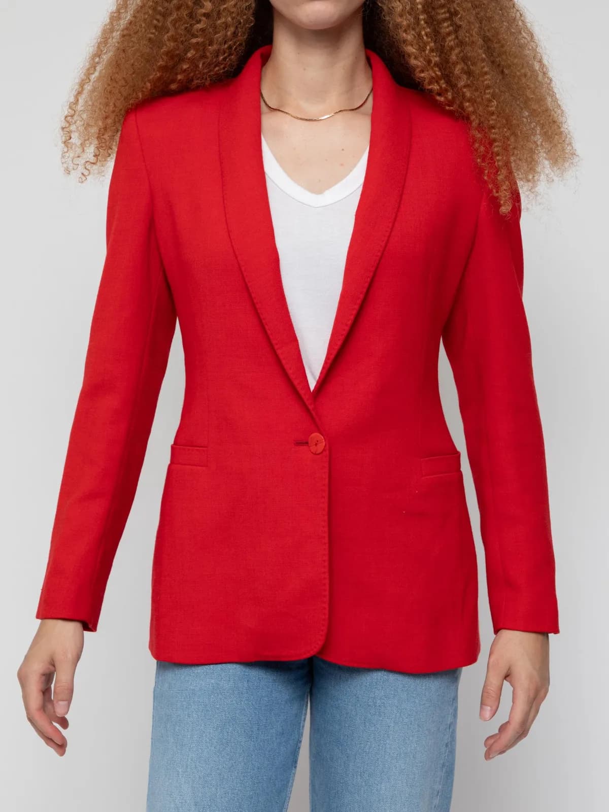 Late 00's red 1 button blazer with shawl lapel, sown slit pockets and no vent - Image 1