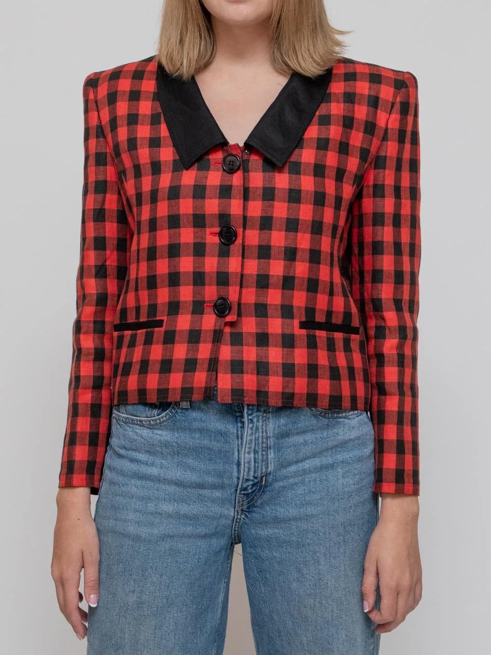 Mid 80's cropped 3 button blazer in red check pattern, contrasting black collar lapel and slit pockets - Image 1