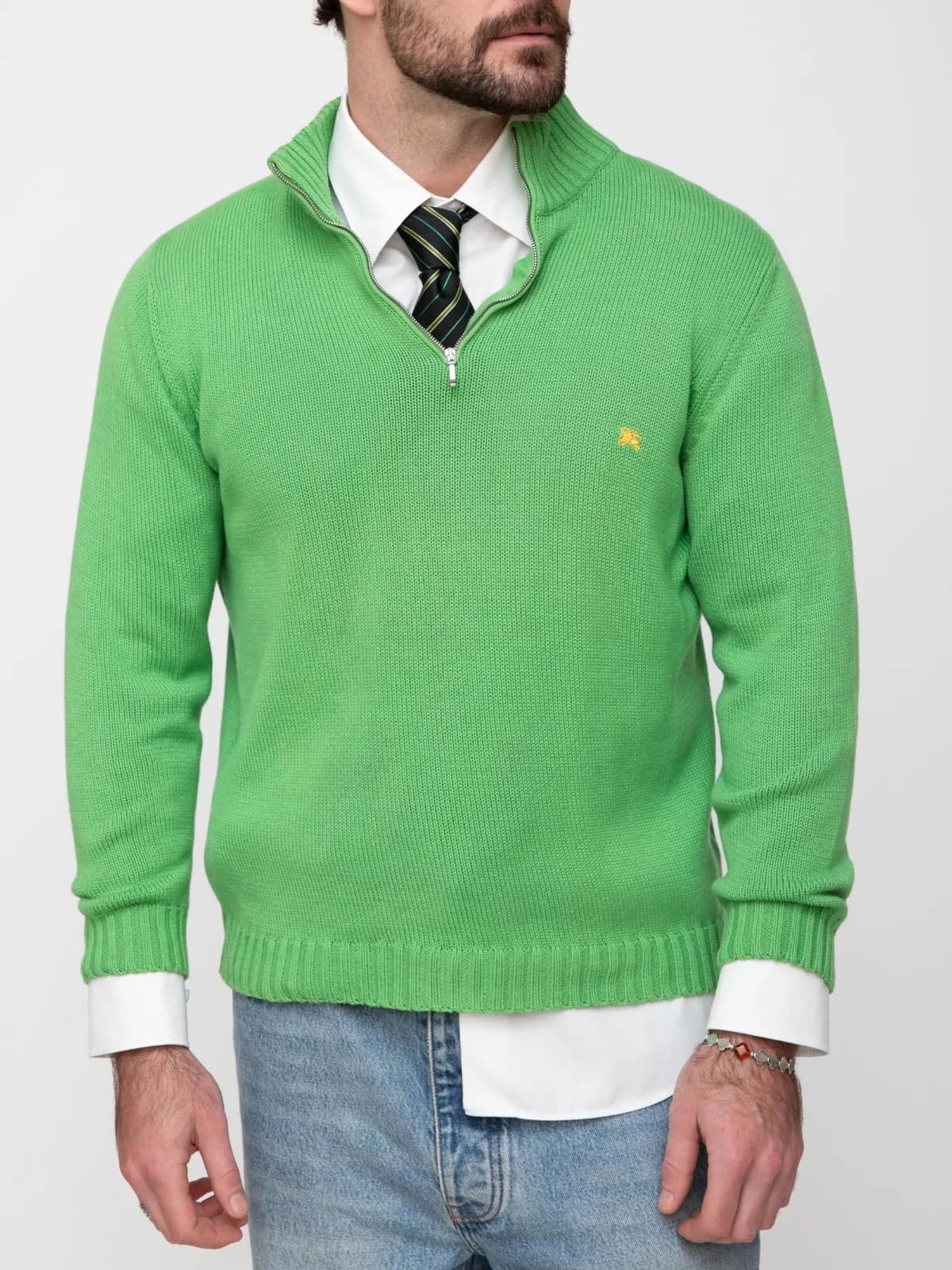 Early 00's lime green quarter zip knit sweater with small stitched burberry knight logo. - Image 1