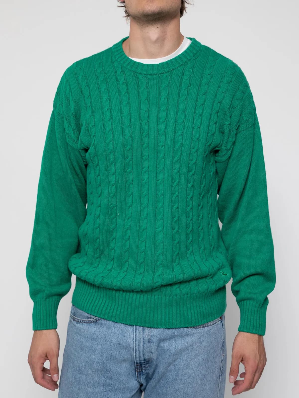 Mid 90's green crew neck cable knit body sweater with plain sleeves - Image 1