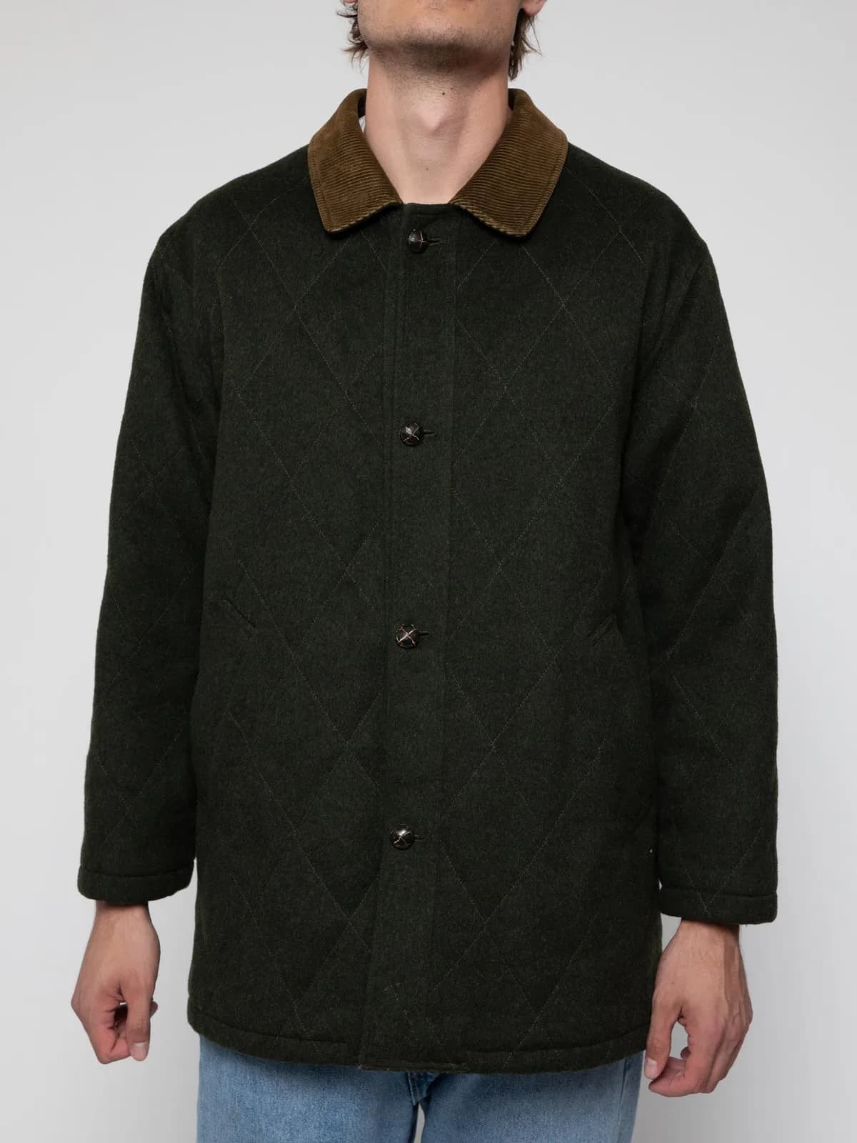 Mid 80's brown quilted coat in wool with corduroy collar, full button placard and slant slit pockets - Image 1