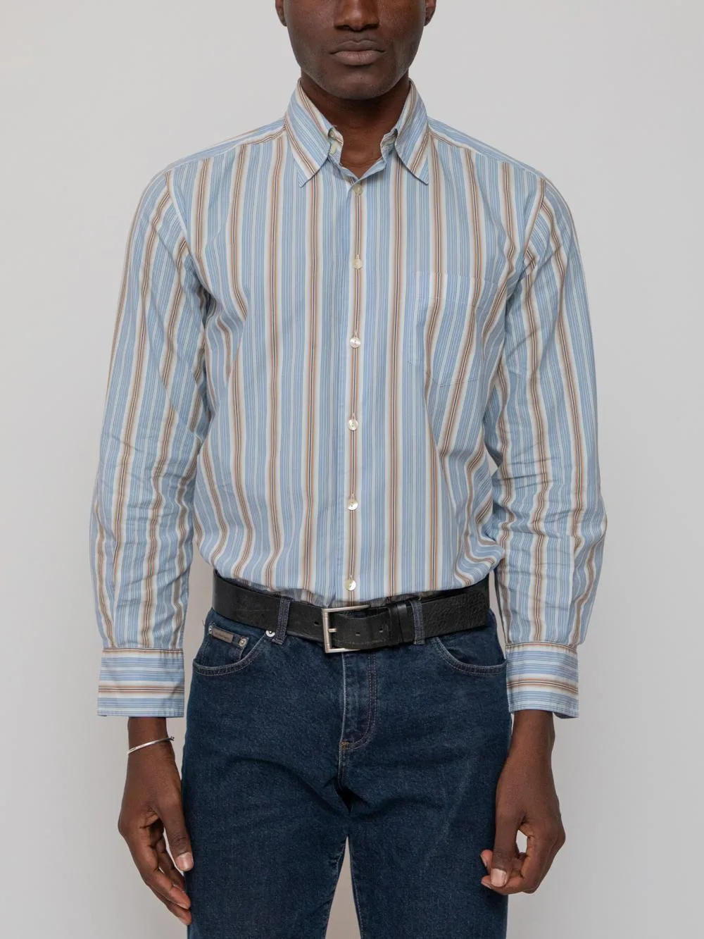 Mid 90's pinstripe button down shirt with stitched point collar. - Image 1