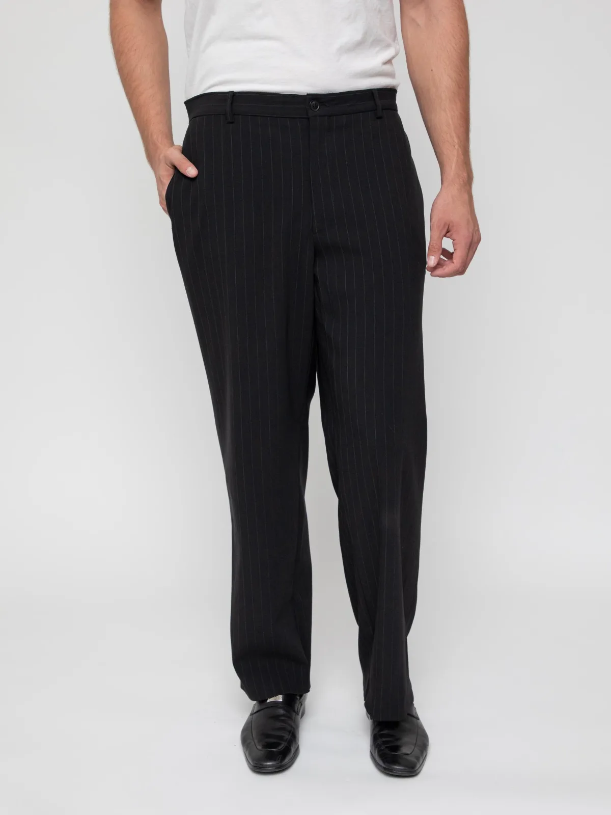 Late 90s black pinstripe suiting trousers, non pleated with belt loops - Image 1
