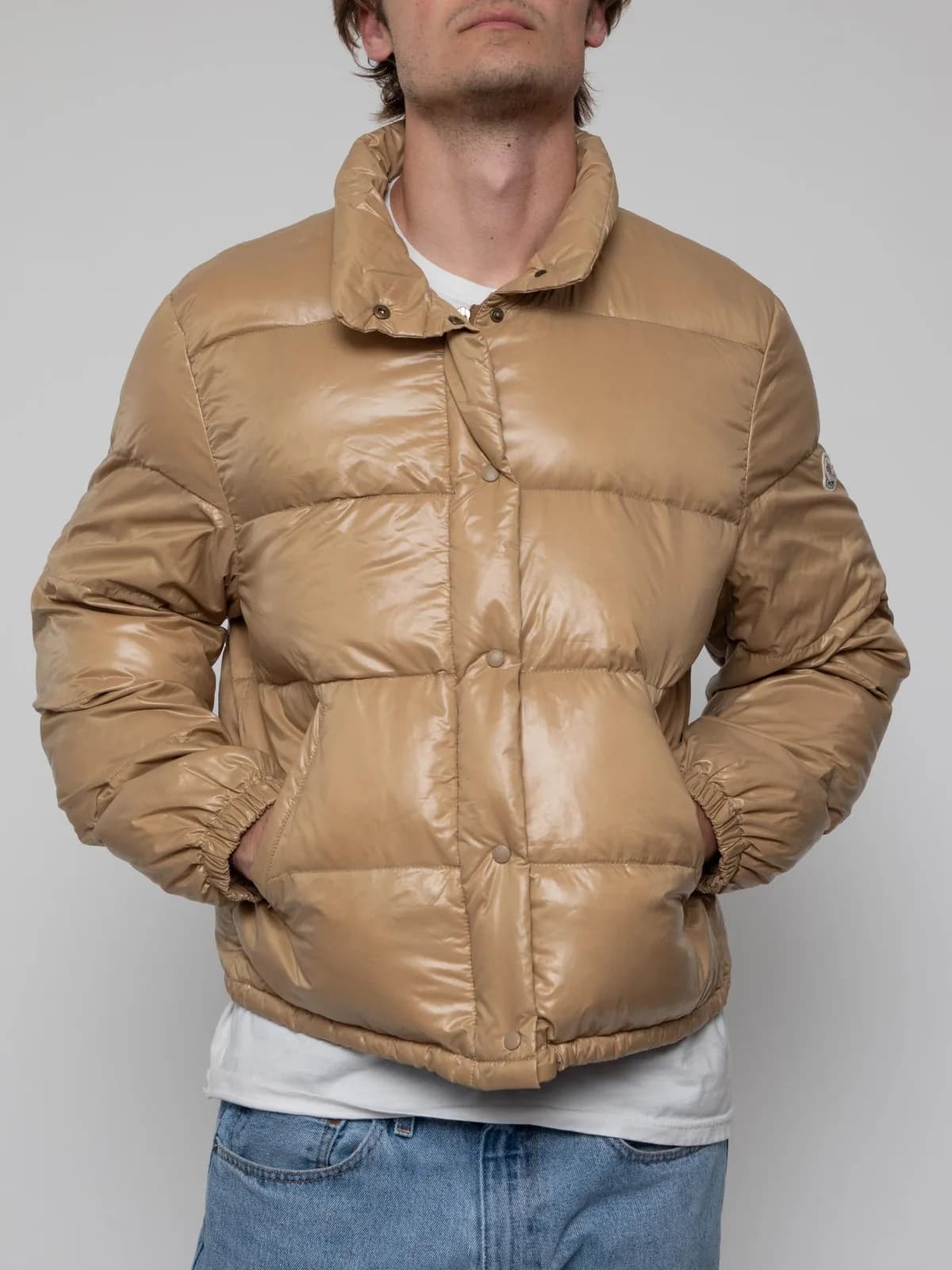 Early 00s tan down puffer jacket with zipper and button placard - Image 1