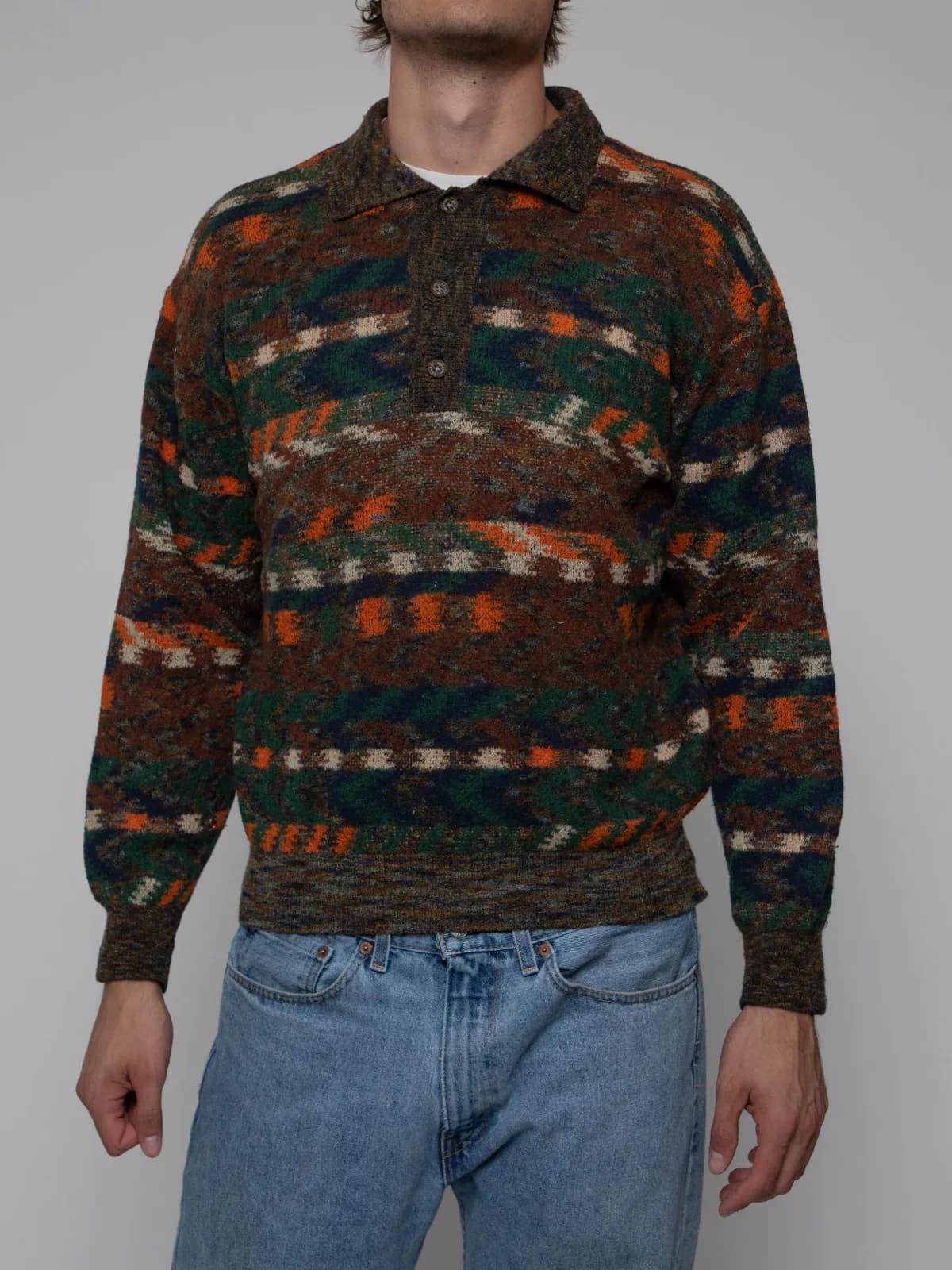 Mid 80's brown and mixed colour zigzag print sweater with quarter buttons and collar - Image 1