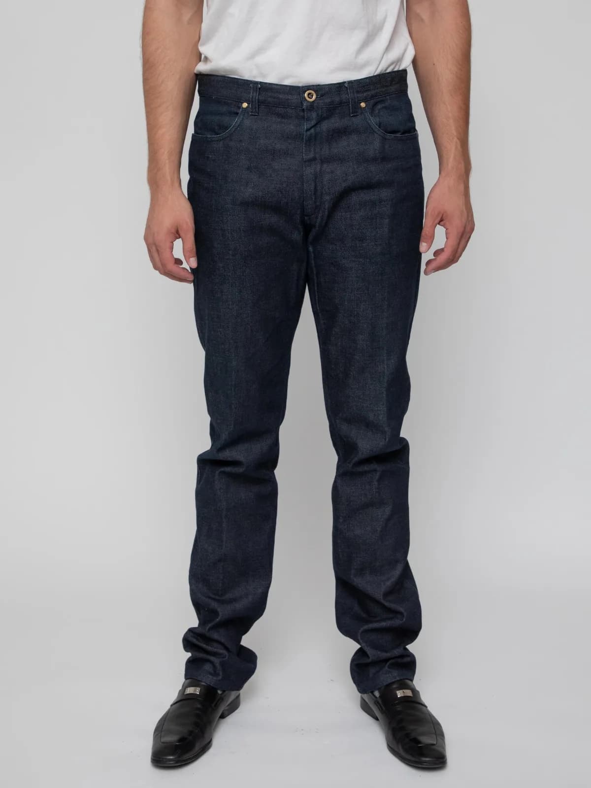 Late 00s raw denim pants with dark rinse with zip fly and buttoned back pockets - Image 1